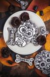 Skull Cookies With Liquorice Flowers For Halloween Stock Photo