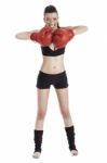 Female Boxer Looking Very Focused With Red Gloves Stock Photo