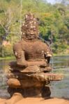 Statue Of Ancient Khmer Warrior Head At Angkor Wat Stock Photo