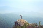 Instagram Filter Young Man Asia Tourist At Mountain Is Watching Over The Misty And Foggy Morning Sunrise, Travel Trekking Stock Photo