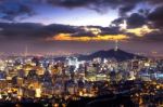 View Of Downtown Cityscape And Seoul Tower In Seoul, South Korea Stock Photo