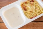 Box Set Of Spaghetti Carbonara With Bacon And Cheese Stock Photo