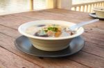 Pork And Mushroom Congee On Morning Breakfast Stock Photo