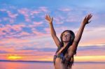 Beautiful Black African American Woman Posing On The Beach At Su Stock Photo