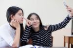 Two Asia Thai Teen Best Friends Girls Make Picture Selfie Pic Stock Photo