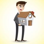 Cartoon Businessman Holding House Stock Photo