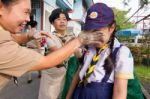 Student 9-10 Years Old, Welcome To Boy Scout Camp In Bangkok Thailand Stock Photo