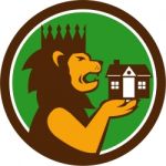 King Lion Holding House Circle Retro Stock Photo