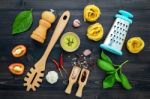 The  Pasta On Black Wooden Background. Yellow Italian Pasta With Stock Photo