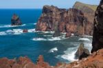 Cliffs At St Lawrence Madeira Showing Unusual Vertical Rock Form Stock Photo