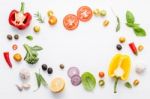 Various Fresh Vegetables And Herbs On White Background.ingredien Stock Photo