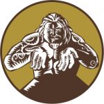 Samoan God Tagaloa Arms Out Circle Woodcut Stock Photo