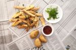 Fries French Ketchup Herb Still Life Stock Photo