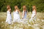 Women Walking Meadow Stock Photo