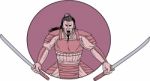 Raging Samurai Warrior Two Swords Oval Drawing Stock Photo