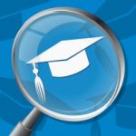 Mortarboard Magnifier Shows Magnifying Hat And Bachelor Stock Photo