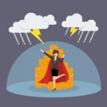 Super Woman With Barrier Protecting Her Money From Thunderstorm Stock Photo