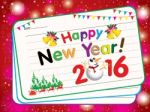 Happy New Year 2016 Card On Pink Snow Background. With New Year Party And Santa Claus On Red Background Stock Photo