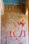 Wall Paintings In Temple Of Hatshepsut In Egypt Stock Photo