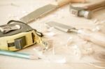 Carpenter Tools On Wood Table Stock Photo