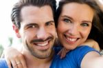 Happy Young Couple Taking Selfies With Her Smartphone In The Par Stock Photo