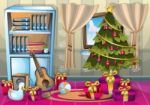 Cartoon  Illustration Interior Christmas Room With Separated Layers Stock Photo