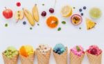 Various Of Ice Cream Flavor In Cones Blueberry ,strawberry ,pist Stock Photo