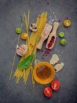 Italian Food Concept. Spaghetti With Ingredients Sweet Basil ,to Stock Photo