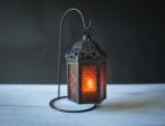 Metal Lantern With Red Glass With Space On Dark Background Stock Photo