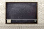 Blank Blackboard In Brick Wall Room Stock Photo