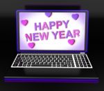 Happy New Year Laptop Message Shows Online Greeting Stock Photo