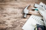 Carpentry Tools On The Wooden Table Stock Photo