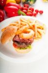 Classic Hamburger Sandwich And Fries Stock Photo