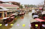 Wooden Boats Busy Ferrying People At Amphawa Floating Market Stock Photo