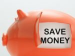 Save Money Piggy Bank Shows Putting Aside Funds Stock Photo