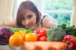 Happy Woman Cooking Vegetables Green Salad Stock Photo