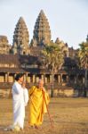 Two Unidentified Buddhist Female Monks Dressed In Orange And Whi Stock Photo