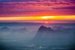 Soft Focus And Blur Beautiful Landscape On The Top Of Mountains With The Sun At Dawn Stock Photo