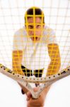 High Angle View Of Shouting Man Holding Racket Stock Photo