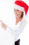 Santa Pointing Blank Billboard Stock Photo