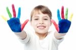 Little Girl With Painted Hands Stock Photo