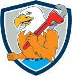 Bald Eagle Plumber Monkey Wrench Shield Cartoon Stock Photo