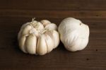 Garlics Close Up On Table Wood Vintage Background Stock Photo