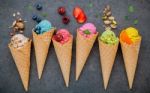 Various Of Ice Cream Flavor In Cones Blueberry ,strawberry ,pist Stock Photo