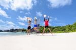 Tourist Women Three Generation Family On Beach Stock Photo