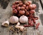 Herbs And Spices On Wooden Background Stock Photo