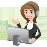 Cartoon Girl Callcenter With Computer Stock Photo