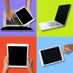 Hands Touching Tablet And Laptop Stock Photo