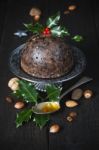 Christmas Pudding With Holly Twig Stock Photo