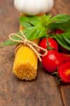 Italian Spaghetti Pasta Tomato And Basil Stock Photo